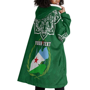 Custom Djibouti Wearable Blanket Hoodie with Jabuuti Emblem and Islamic Floral Circle