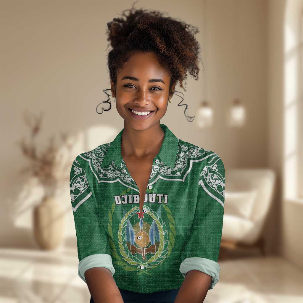 Custom Djibouti Women Casual Shirt with Jabuuti Emblem and Islamic Floral Circle