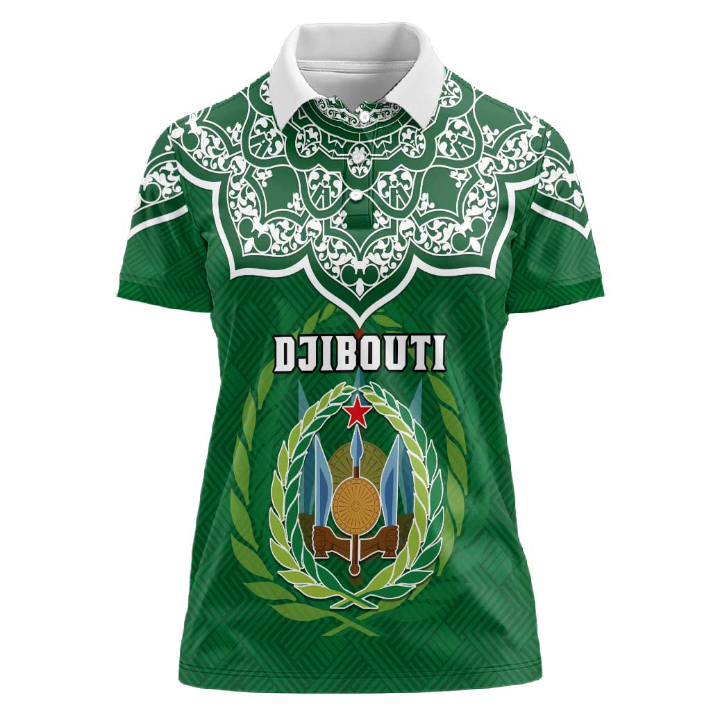 Custom Djibouti Women Polo Shirt with Jabuuti Emblem and Islamic Floral Circle