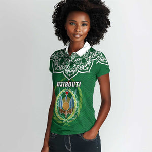 Custom Djibouti Women Polo Shirt with Jabuuti Emblem and Islamic Floral Circle