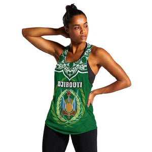 Custom Djibouti Women Racerback Tank with Jabuuti Emblem and Islamic Floral Circle