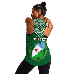 Custom Djibouti Women Racerback Tank with Jabuuti Emblem and Islamic Floral Circle