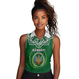 Custom Djibouti Women Sleeveless Polo Shirt with Jabuuti Emblem and Islamic Floral Circle