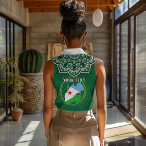 Custom Djibouti Women Sleeveless Polo Shirt with Jabuuti Emblem and Islamic Floral Circle