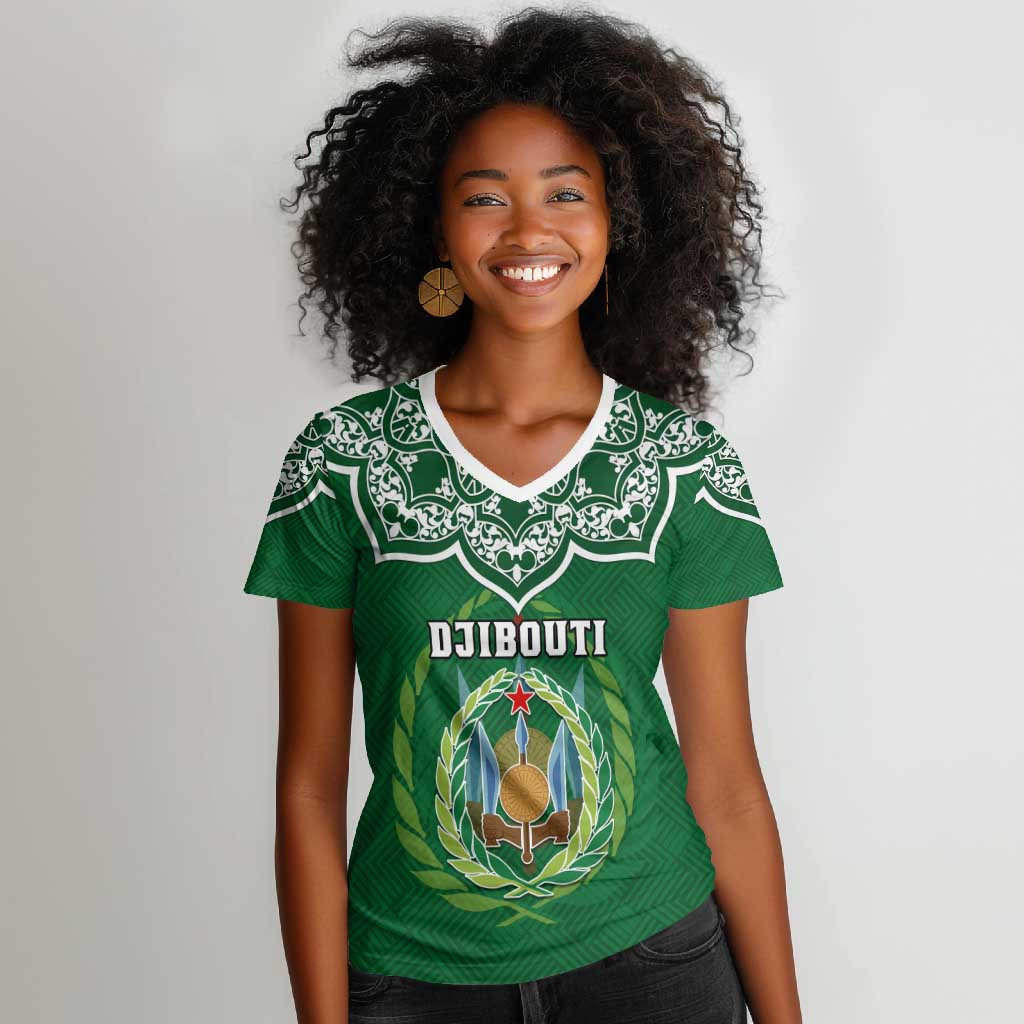 Custom Djibouti Women V-Neck T-Shirt with Jabuuti Emblem and Islamic Floral Circle