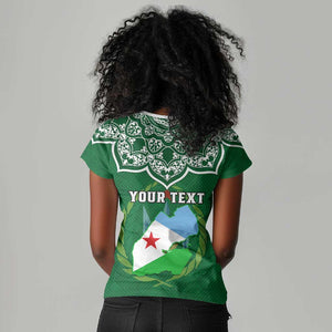 Custom Djibouti Women V-Neck T-Shirt with Jabuuti Emblem and Islamic Floral Circle