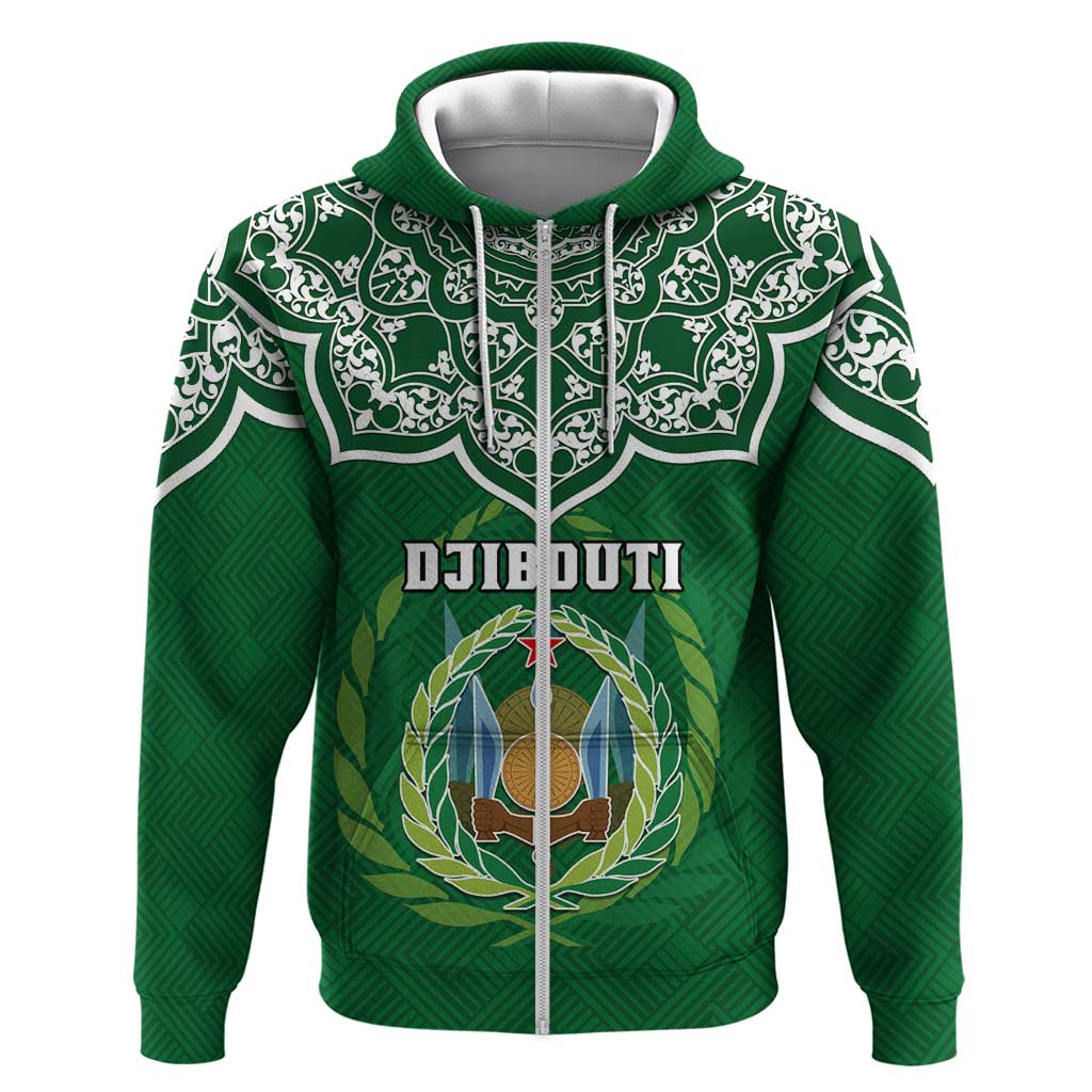 Custom Djibouti Zip Hoodie with Jabuuti Emblem and Islamic Floral Circle