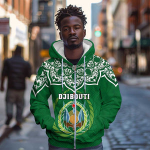 Custom Djibouti Zip Hoodie with Jabuuti Emblem and Islamic Floral Circle