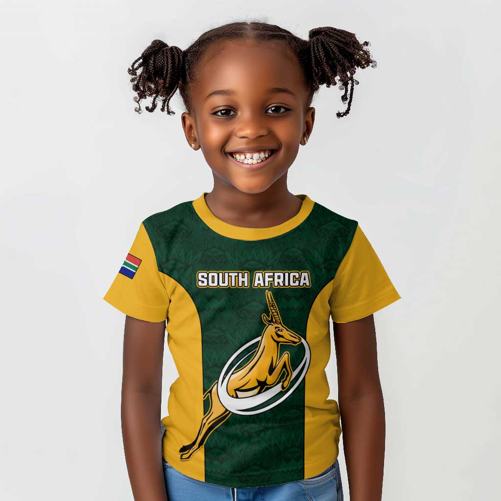 Custom South Africa Rugby Kid T shirt - Springboks Go Champions with Protea Pattern