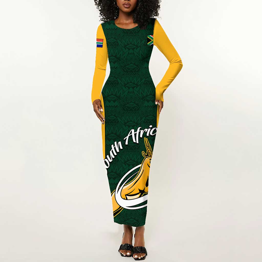 Custom South Africa Rugby Long Sleeve Bodycon Dress - Springboks Go Champions with Protea Pattern