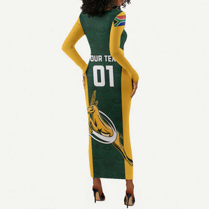 Custom South Africa Rugby Long Sleeve Bodycon Dress - Springboks Go Champions with Protea Pattern LT01
