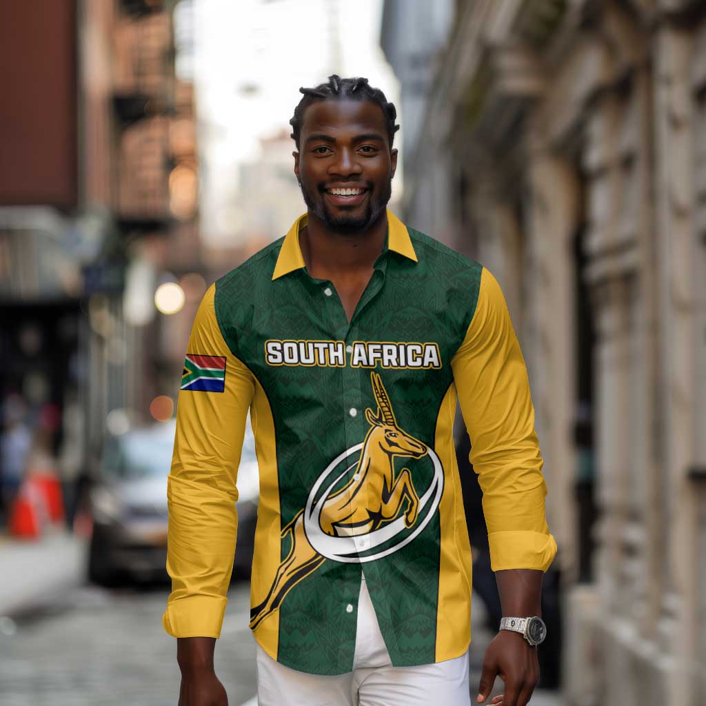 Custom South Africa Rugby Long Sleeve Button Shirt - Springboks Go Champions with Protea Pattern
