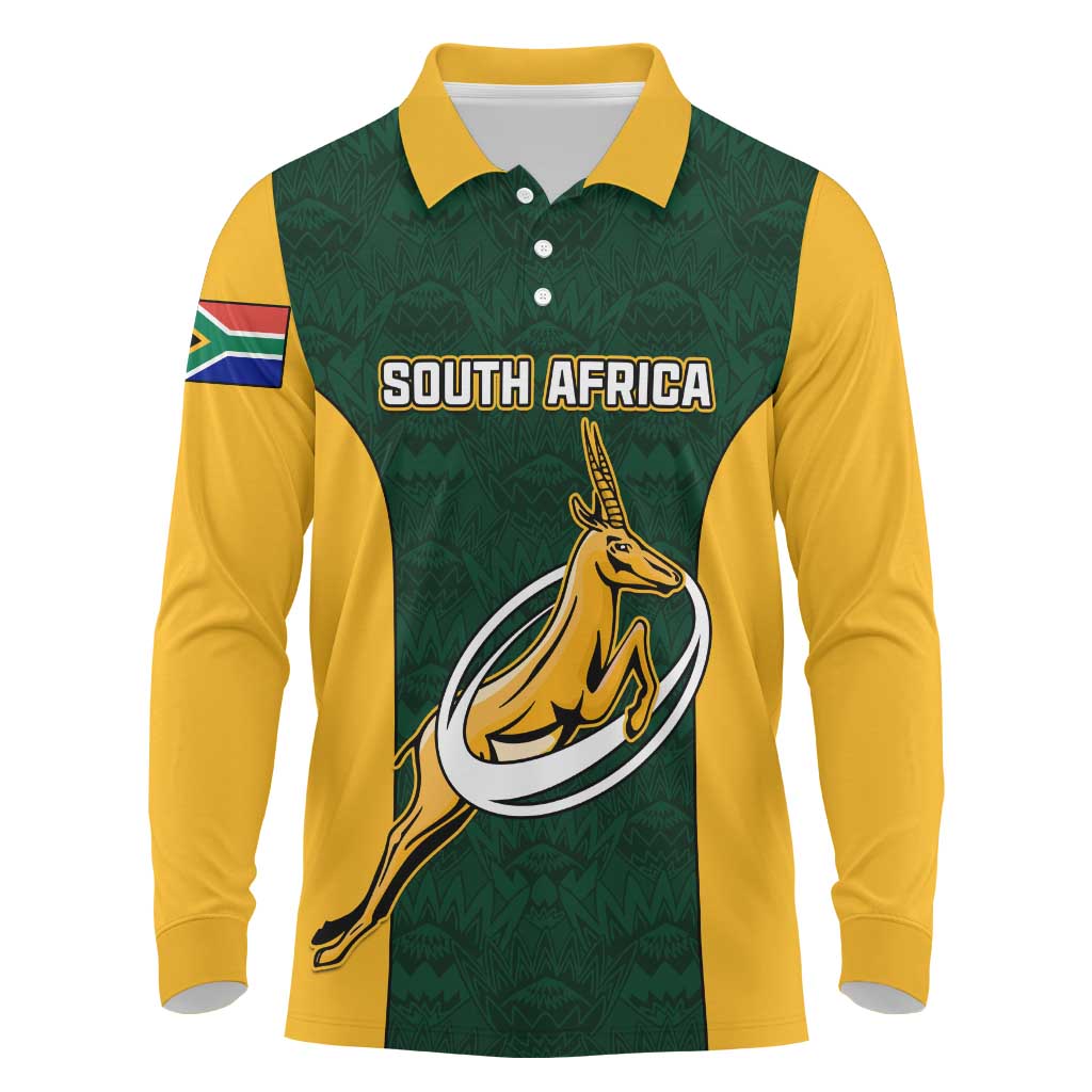 Custom South Africa Rugby Long Sleeve Polo Shirt - Springboks Go Champions with Protea Pattern