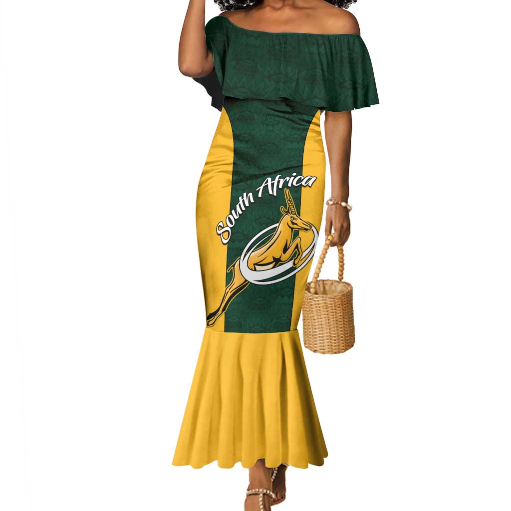 Custom South Africa Rugby Mermaid Dress - Springboks Go Champions with Protea Pattern