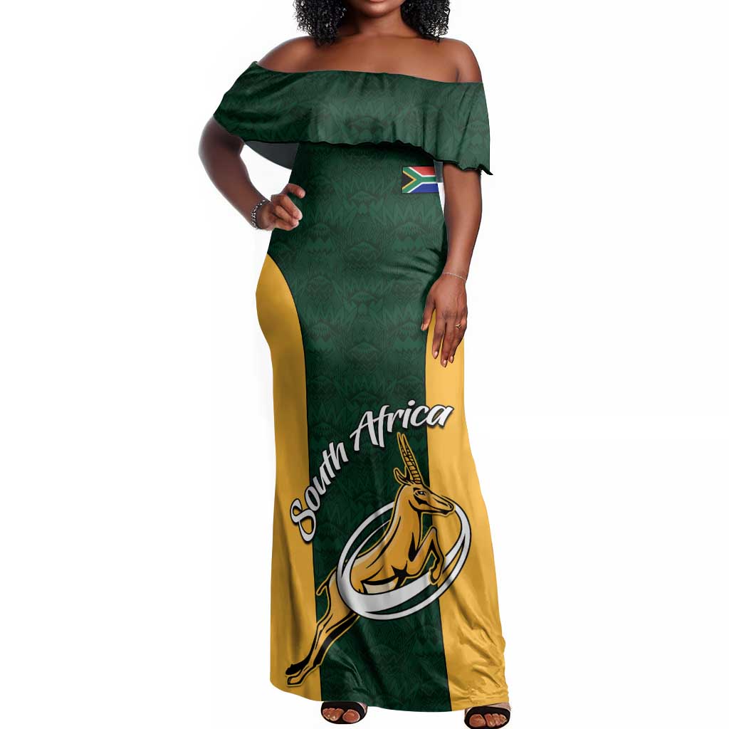 Custom South Africa Rugby Off Shoulder Maxi Dress - Springboks Go Champions with Protea Pattern