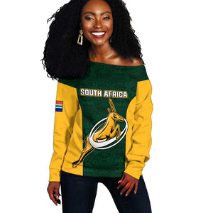 Custom South Africa Rugby Off Shoulder Sweater - Springboks Go Champions with Protea Pattern