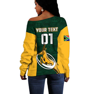 Custom South Africa Rugby Off Shoulder Sweater - Springboks Go Champions with Protea Pattern