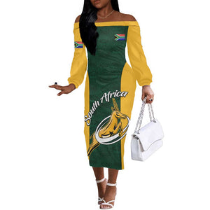 Custom South Africa Rugby Off The Shoulder Long Sleeve Dress - Springboks Go Champions with Protea Pattern