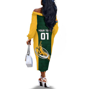 Custom South Africa Rugby Off The Shoulder Long Sleeve Dress - Springboks Go Champions with Protea Pattern