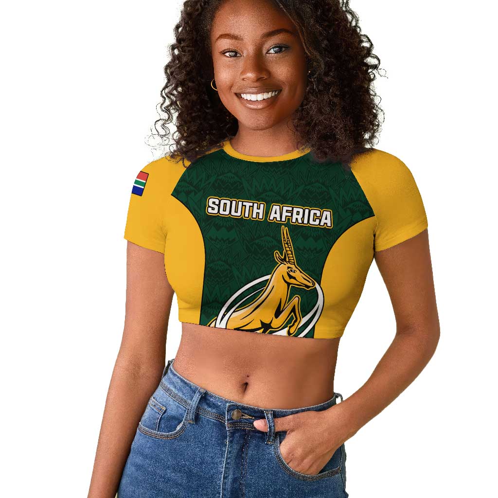 Custom South Africa Rugby Raglan Cropped T shirt - Springboks Go Champions with Protea Pattern