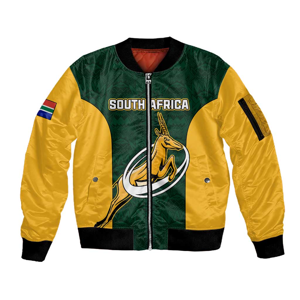 Custom South Africa Rugby Sleeve Zip Bomber Jacket - Springboks Go Champions with Protea Pattern