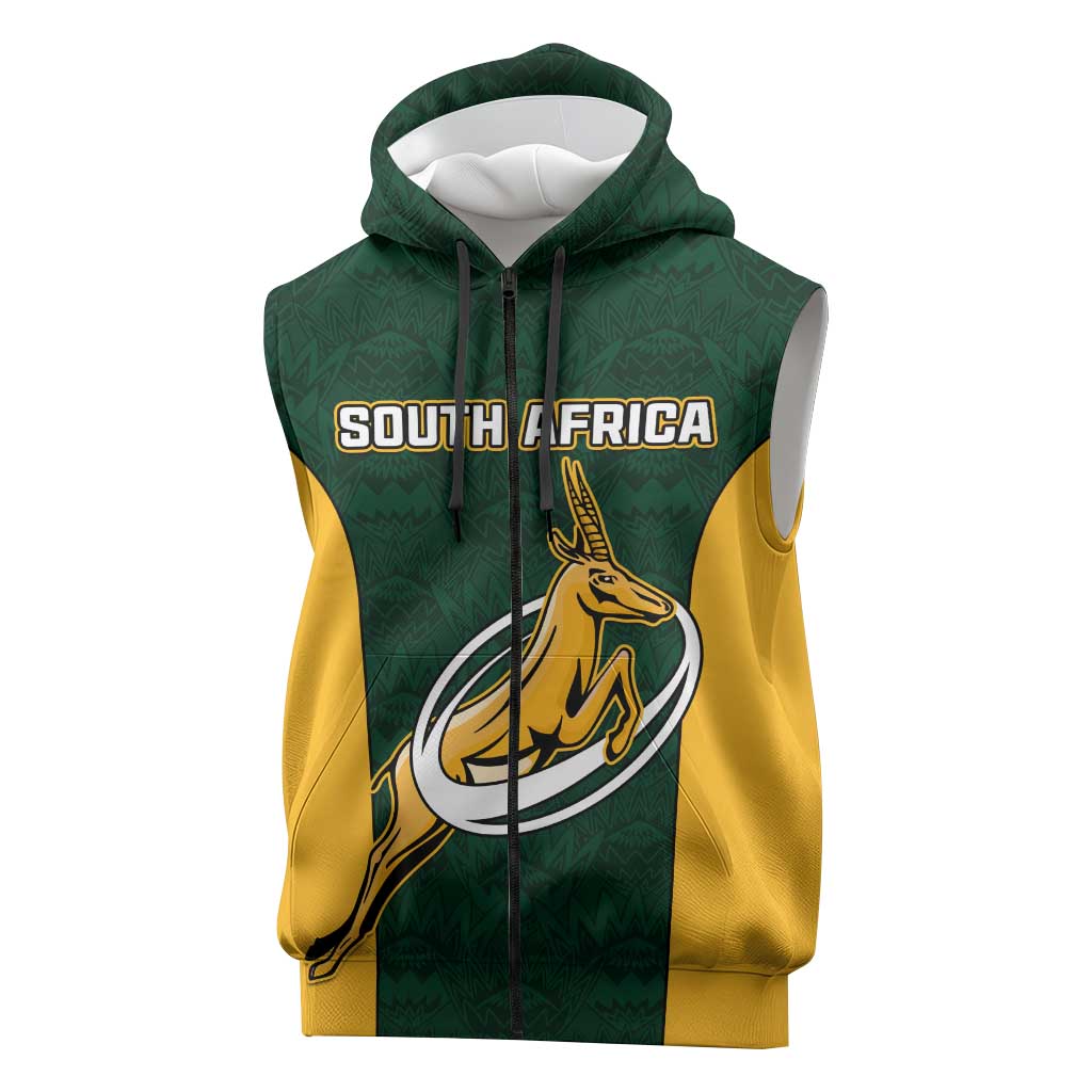 Custom South Africa Rugby Sleeveless Zip Hoodie - Springboks Go Champions with Protea Pattern - African Pride