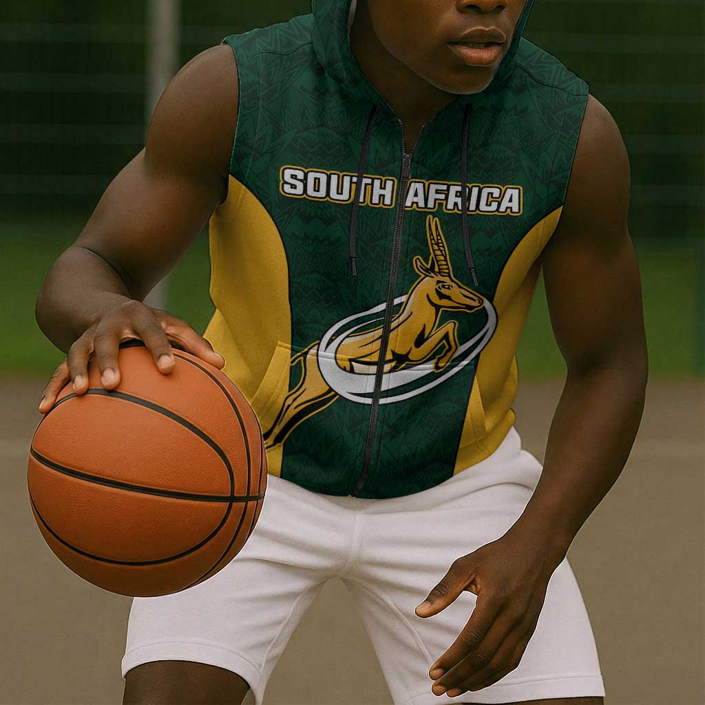 Custom South Africa Rugby Sleeveless Zip Hoodie - Springboks Go Champions with Protea Pattern - African Pride