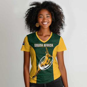 Custom South Africa Rugby Women V-Neck T-Shirt - Springboks Go Champions with Protea Pattern