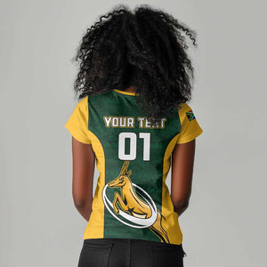 Custom South Africa Rugby Women V-Neck T-Shirt - Springboks Go Champions with Protea Pattern