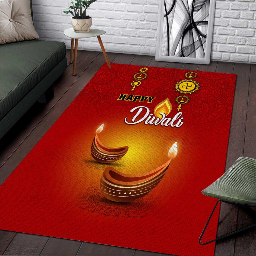 Diwali Festival Area Rug with Diya and Paisley Pattern