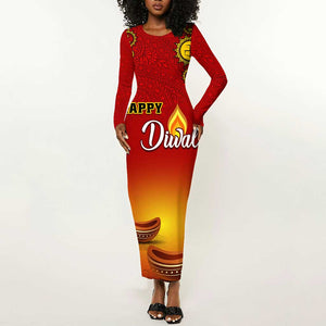 Personalized Diwali Festival Long Sleeve Bodycon Dress with Diya and Paisley Pattern