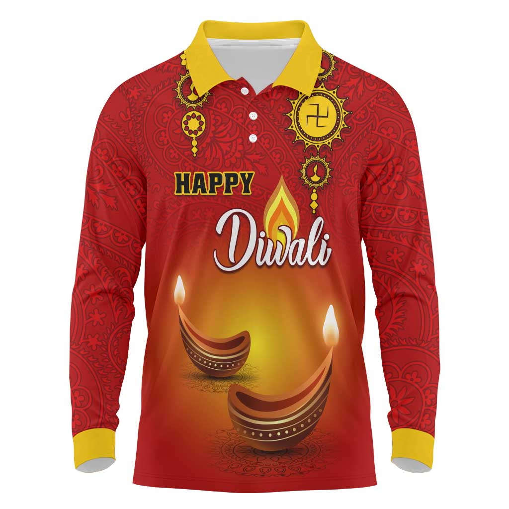 Personalized Diwali Festival Long Sleeve Polo Shirt with Diya and Paisley Pattern