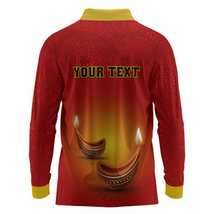 Personalized Diwali Festival Long Sleeve Polo Shirt with Diya and Paisley Pattern