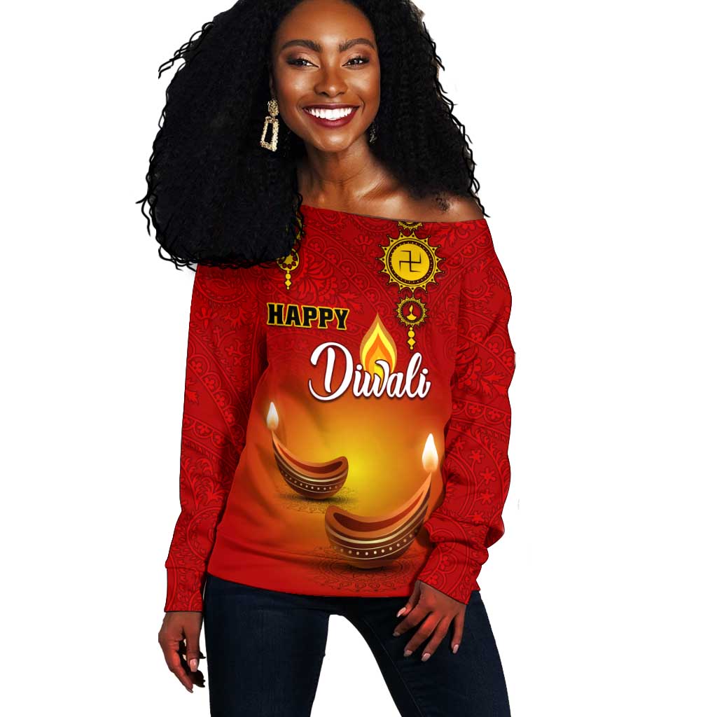 Personalized Diwali Festival Off Shoulder Sweater with Diya and Paisley Pattern