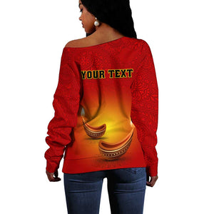 Personalized Diwali Festival Off Shoulder Sweater with Diya and Paisley Pattern