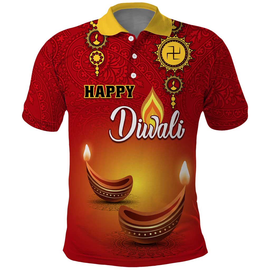 Personalized Diwali Festival Polo Shirt with Diya and Paisley Pattern