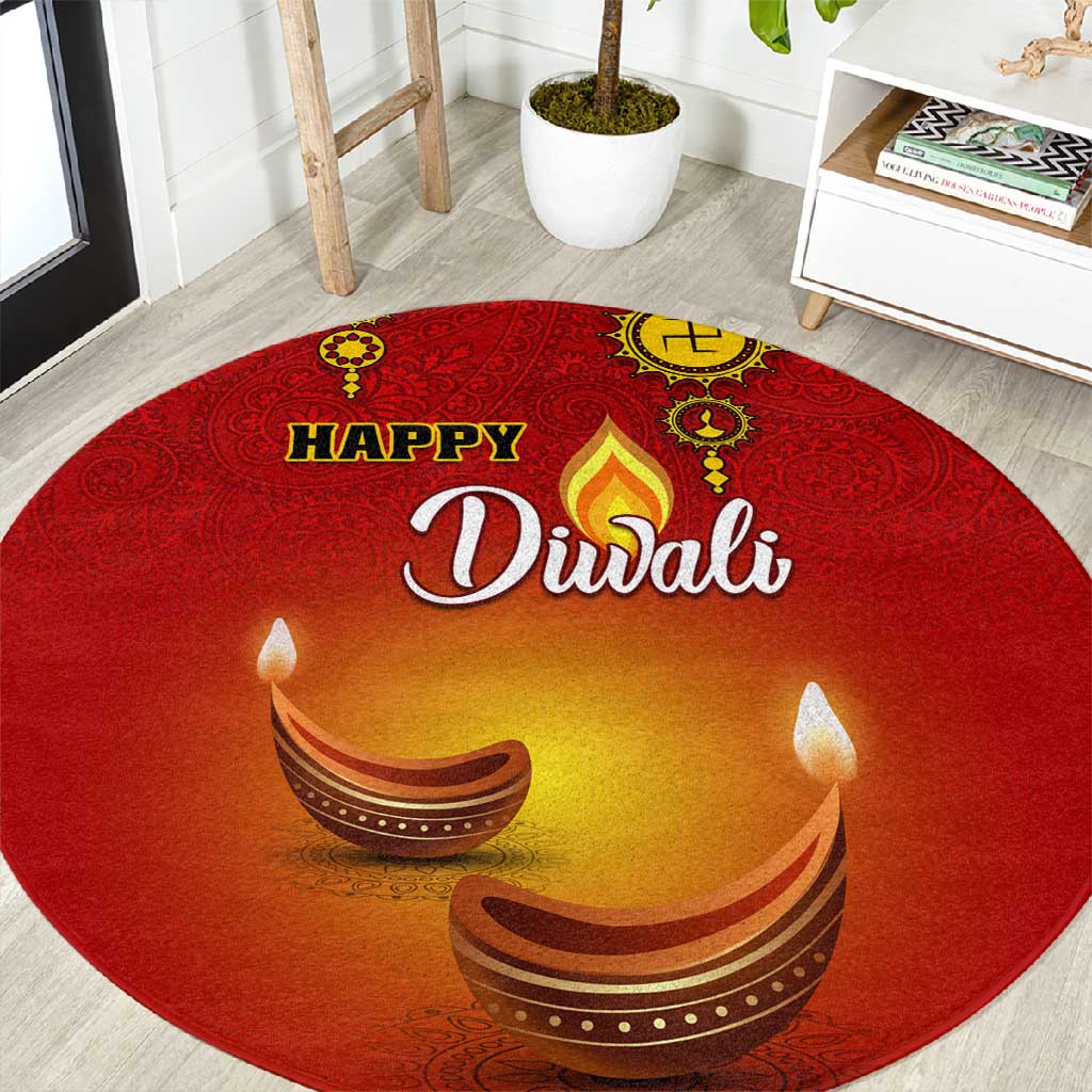 Diwali Festival Round Carpet with Diya and Paisley Pattern