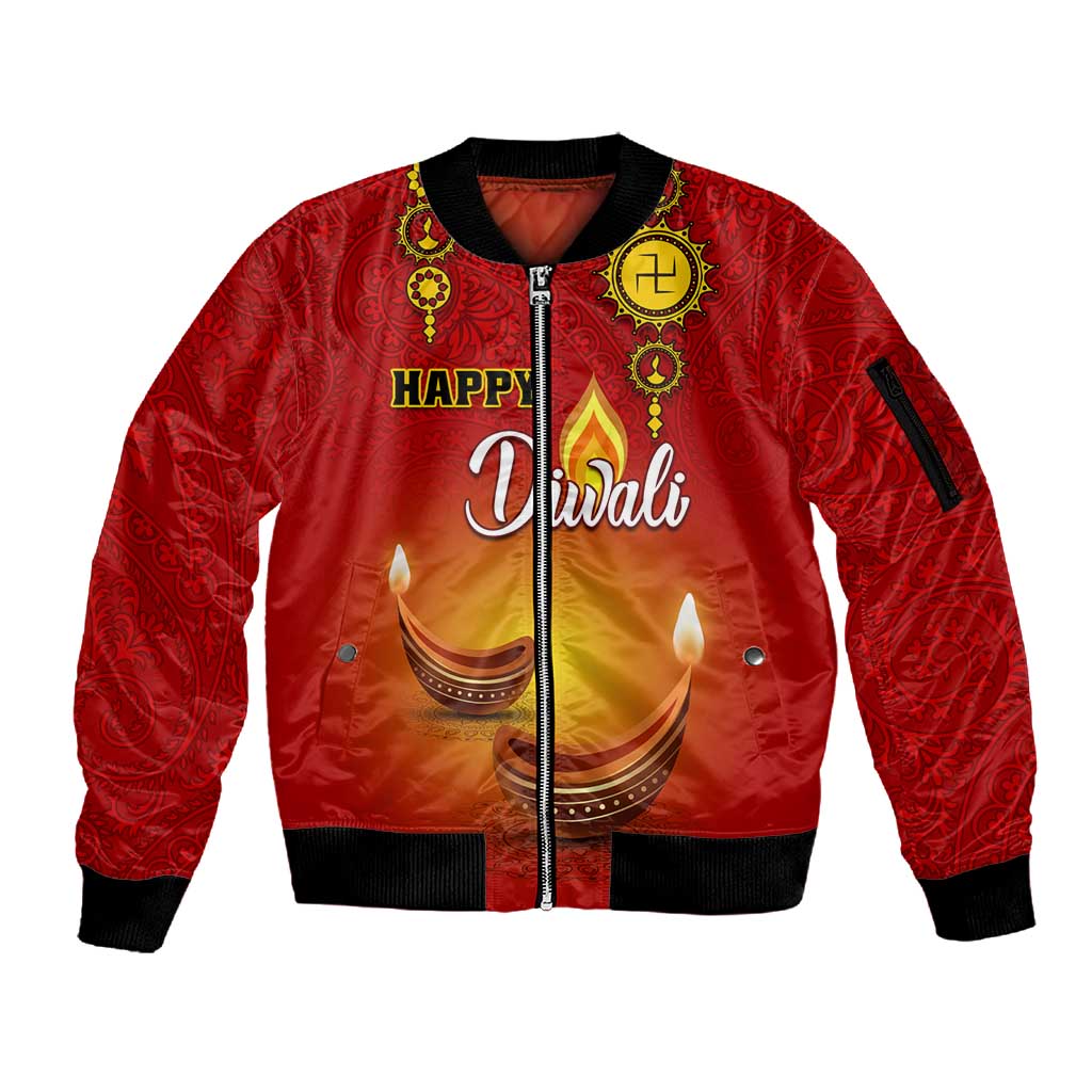 Personalized Diwali Festival Sleeve Zip Bomber Jacket with Diya and Paisley Pattern