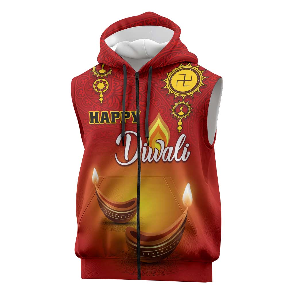 Personalized Diwali Festival Sleeveless Zip Hoodie with Diya and Paisley Pattern - African Pride
