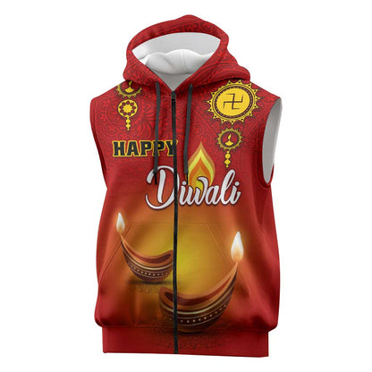 Personalized Diwali Festival Sleeveless Zip Hoodie with Diya and Paisley Pattern - African Pride