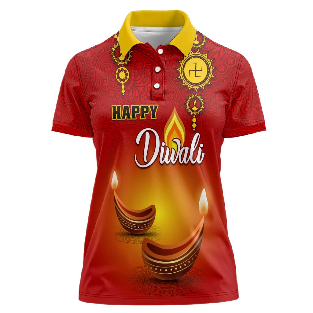 Personalized Diwali Festival Women Polo Shirt with Diya and Paisley Pattern