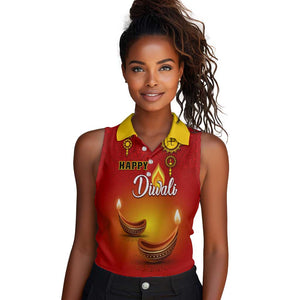 Personalized Diwali Festival Women Sleeveless Polo Shirt with Diya and Paisley Pattern