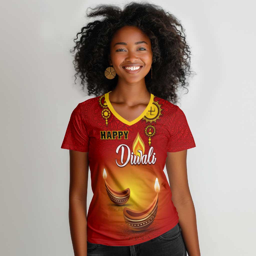 Personalized Diwali Festival Women V-Neck T-Shirt with Diya and Paisley Pattern