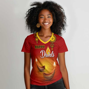 Personalized Diwali Festival Women V-Neck T-Shirt with Diya and Paisley Pattern