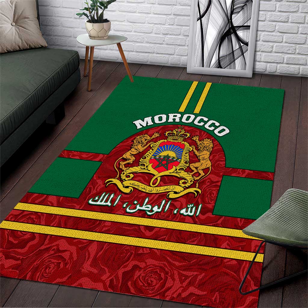 Morocco Proclamation Day Area Rug with Marruecos Coat of Arms and Roses Pattern