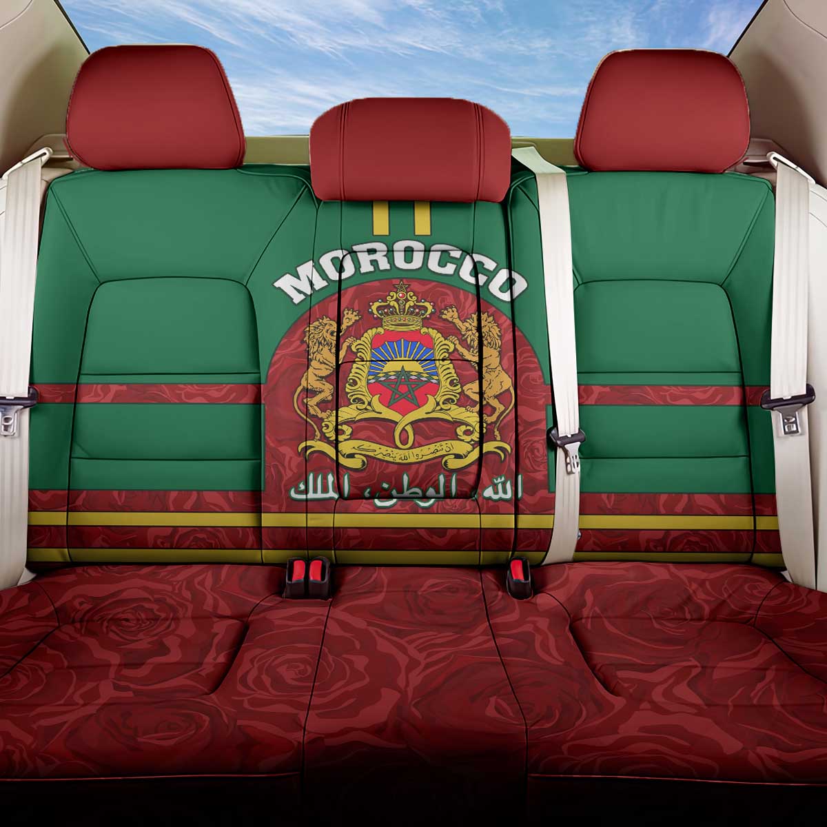 Morocco Proclamation Day Back Car Seat Cover with Marruecos Coat of Arms and Roses Pattern