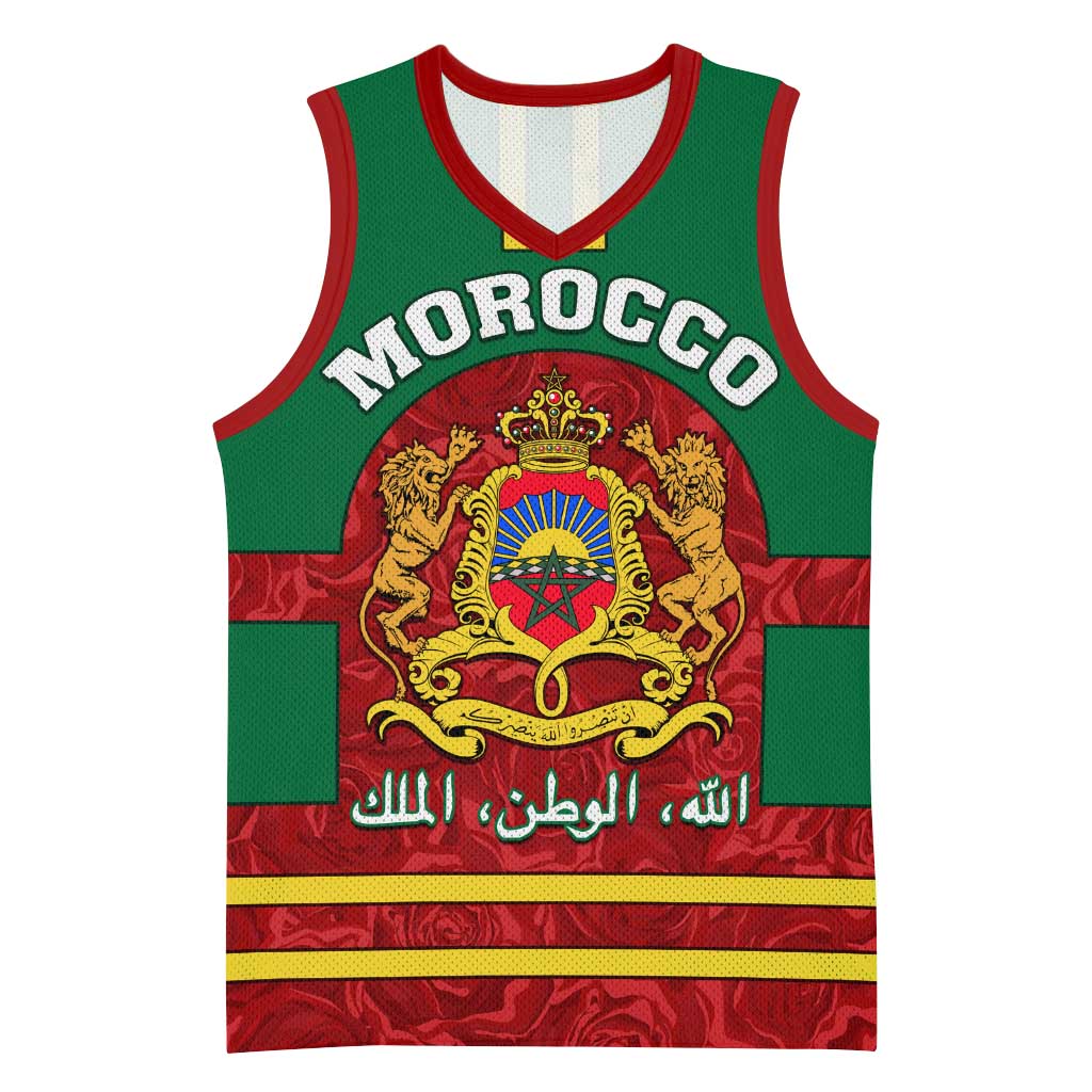 Morocco Proclamation Day Basketball Jersey with Marruecos Coat of Arms and Roses Pattern LT01
