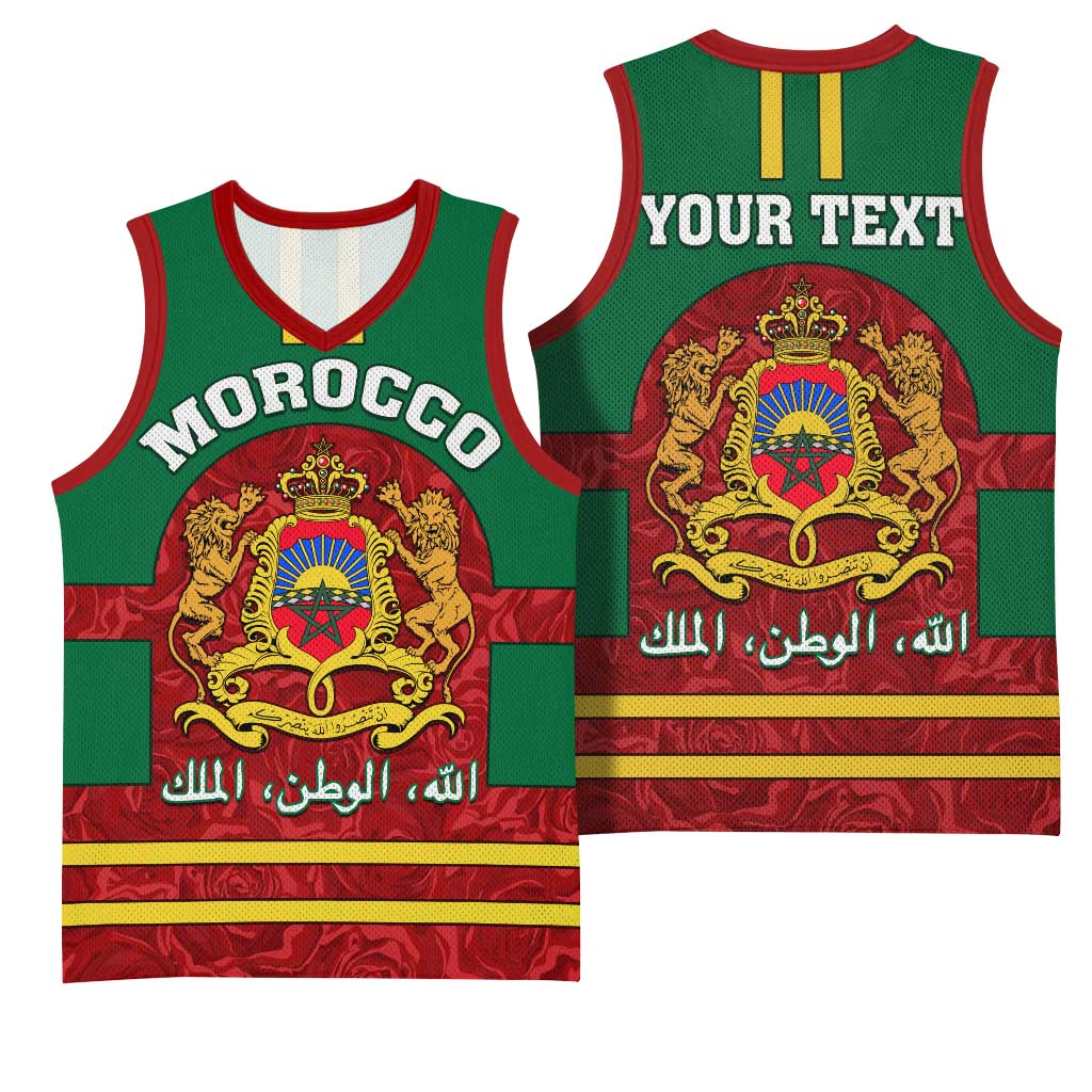 Morocco Proclamation Day Basketball Jersey with Marruecos Coat of Arms and Roses Pattern LT01