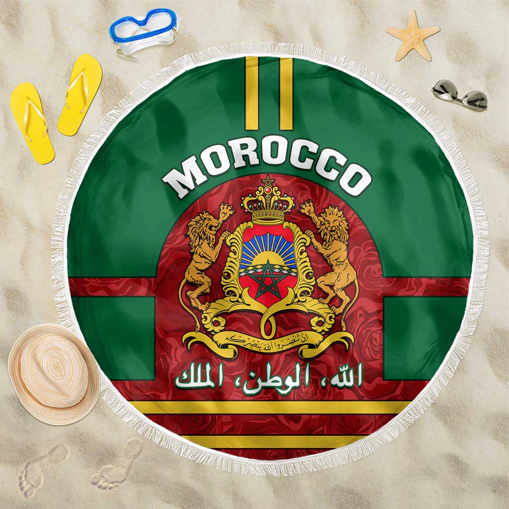 Morocco Proclamation Day Beach Blanket with Marruecos Coat of Arms and Roses Pattern