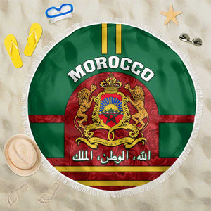 Morocco Proclamation Day Beach Blanket with Marruecos Coat of Arms and Roses Pattern